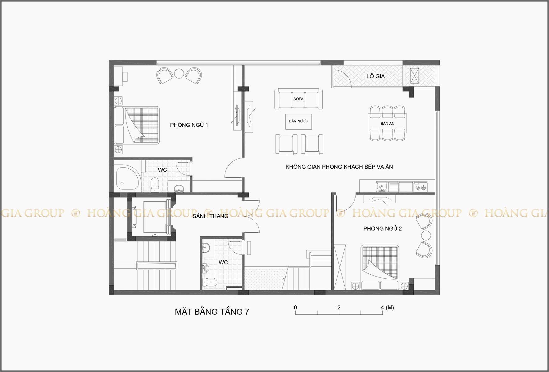 11vp01-1, Mặt bằng tầng 7 – phòng khách, bếp, ăn, ngủ 1,2.