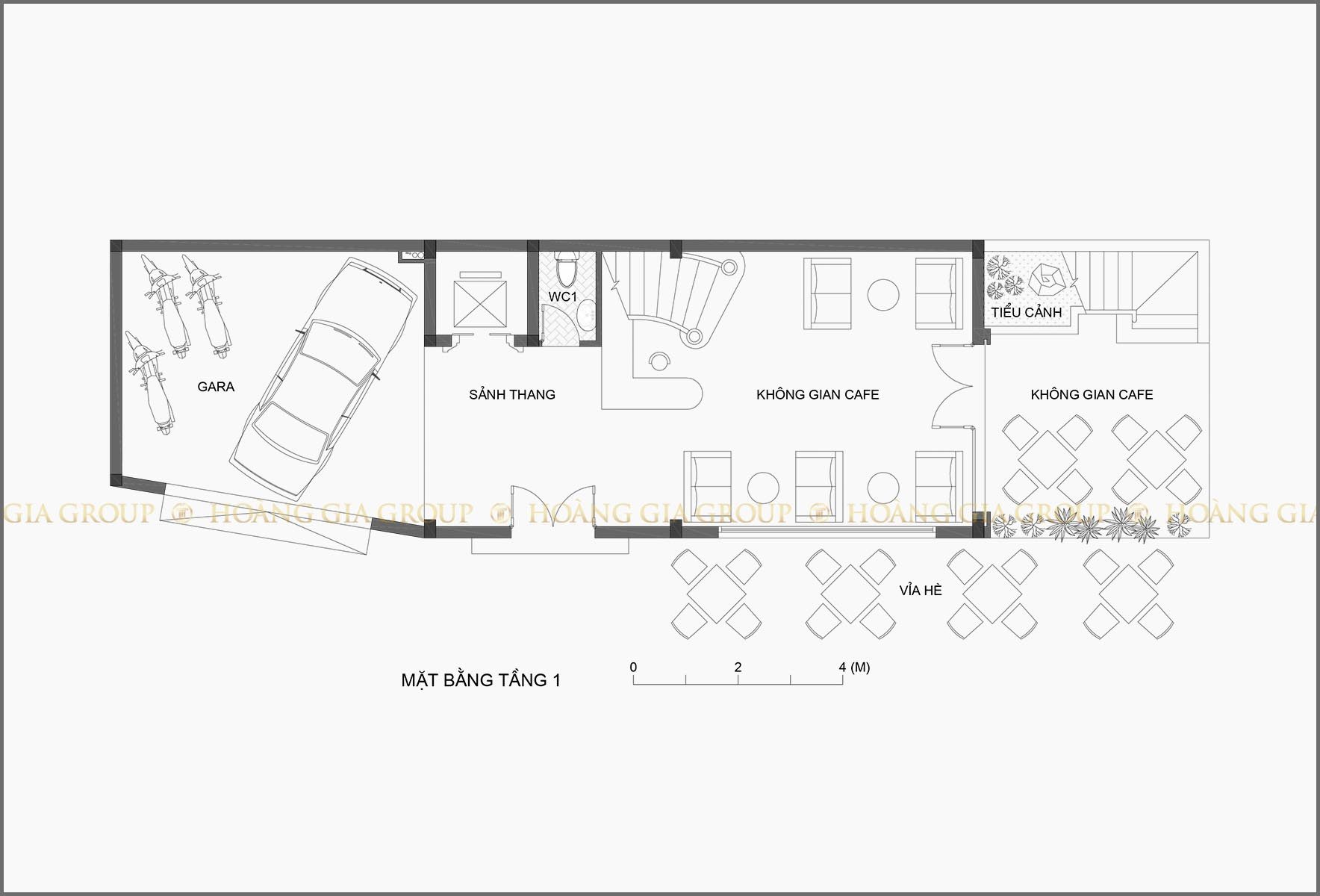 12np01, Mặt bằng tầng 1 – gara, quán cafe.