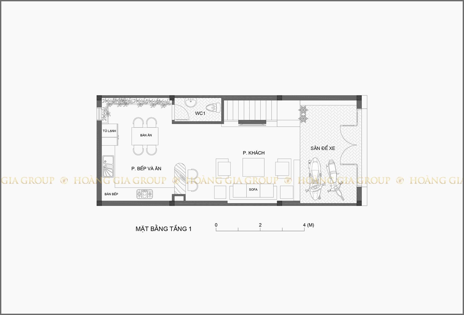 12np02, Mặt bằng tầng 1 – phòng khách, bếp – ăn, để xe.