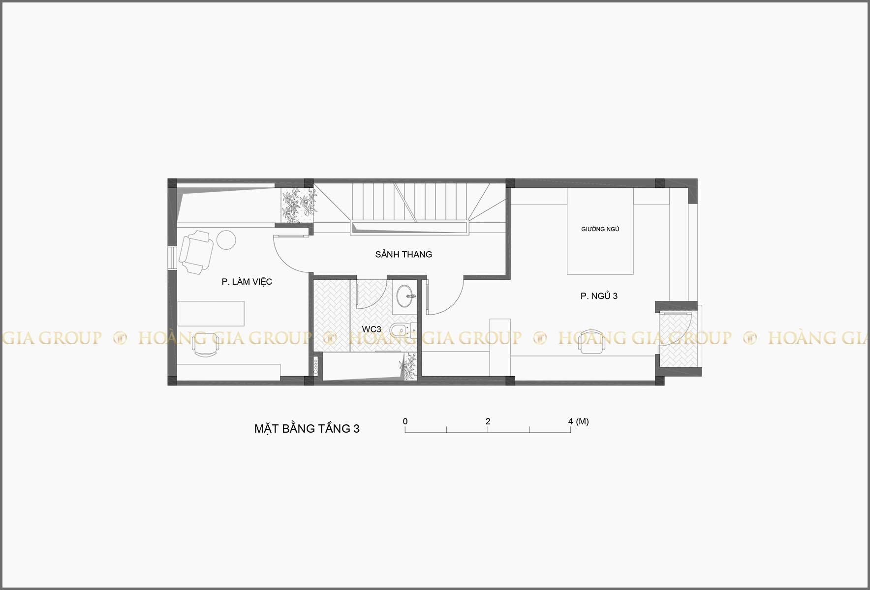 12np02, Mặt bằng tầng 3 – phòng ngủ 3, làm việc.