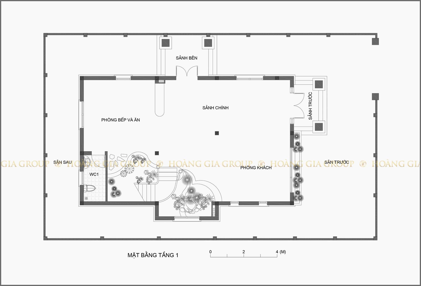 13bt01, Mặt bằng tầng 1 – phòng khách, bếp – ăn.