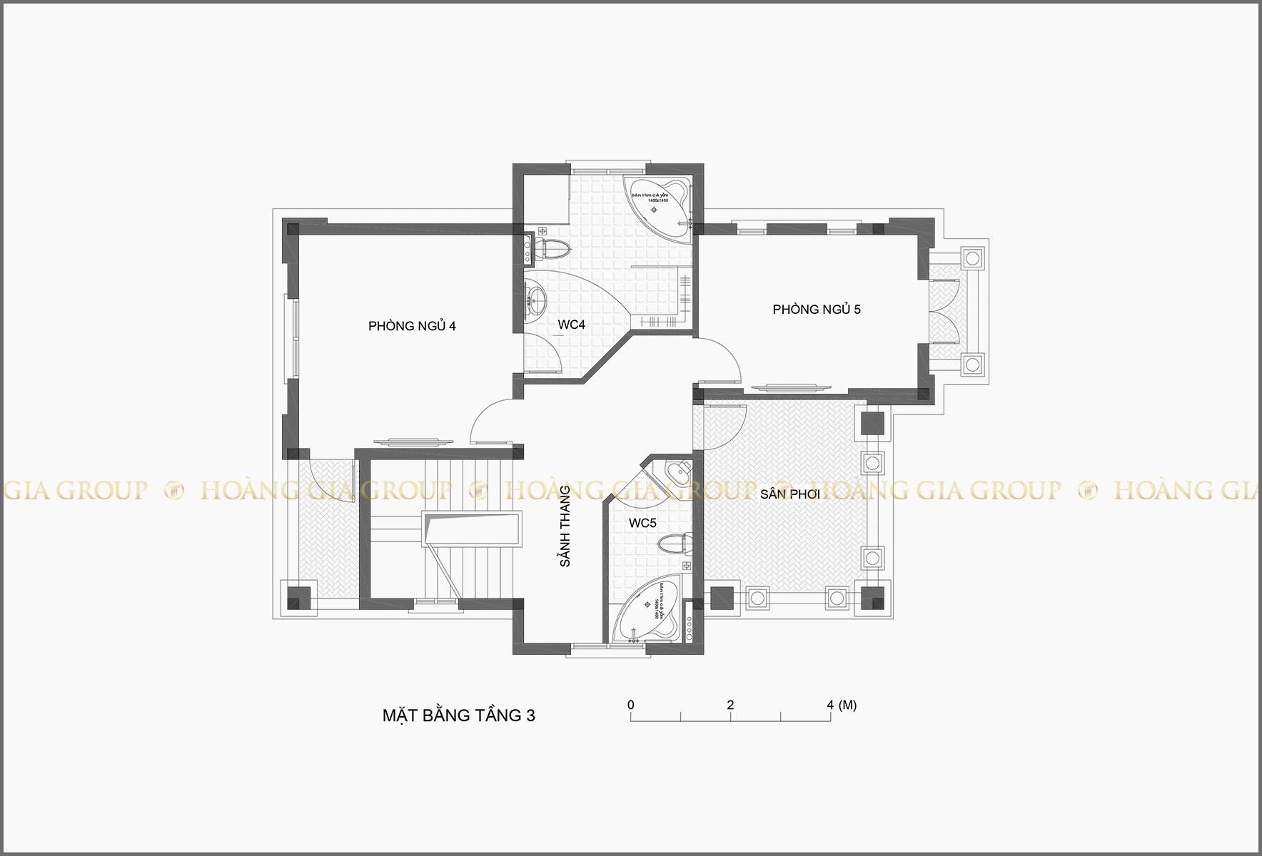 13bt01, Mặt bằng tầng 3 – phòng ngủ 4,5, sân phơi.