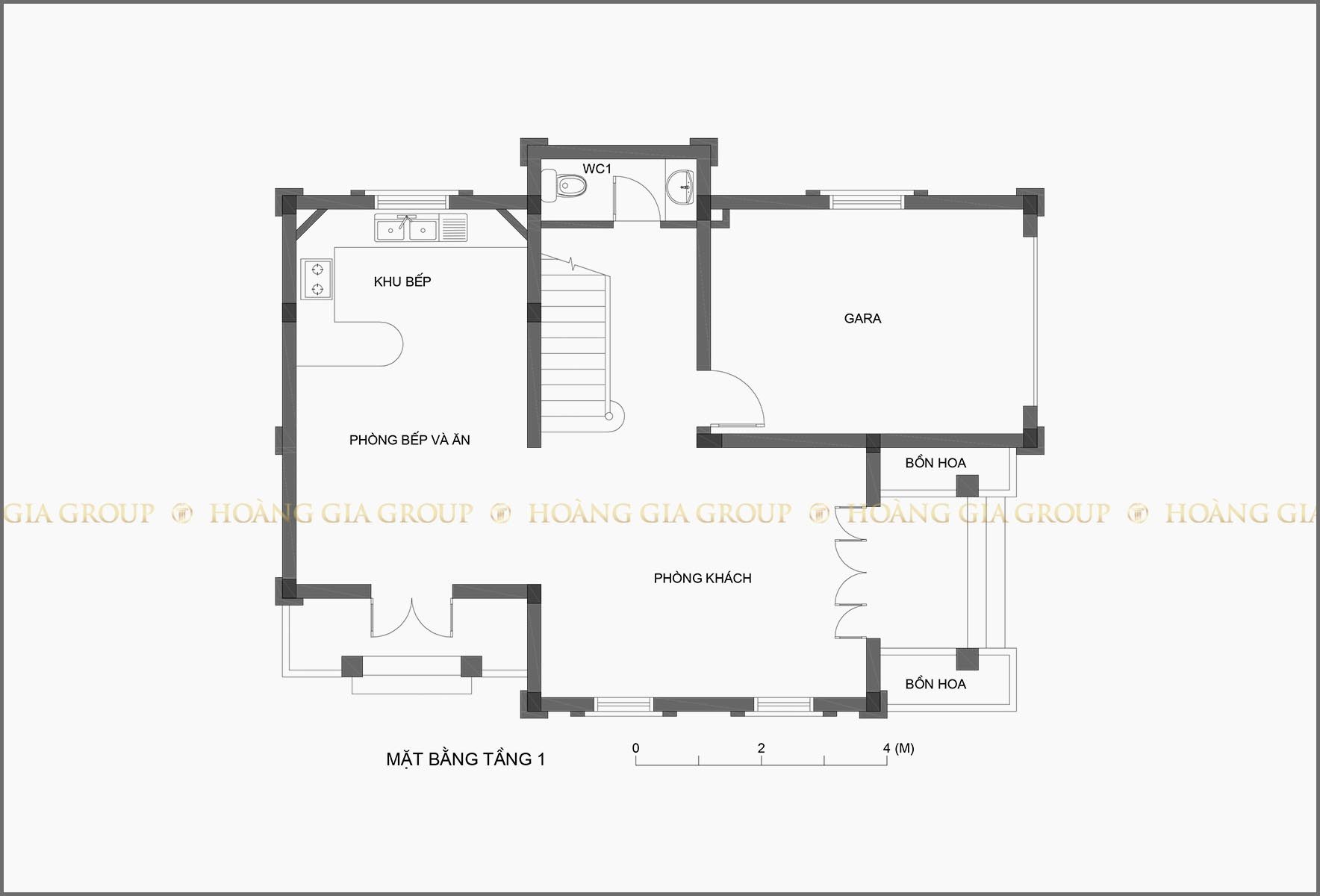 13bt02, Mặt bằng tầng 1 – gara, phòng khách, bếp – ăn.