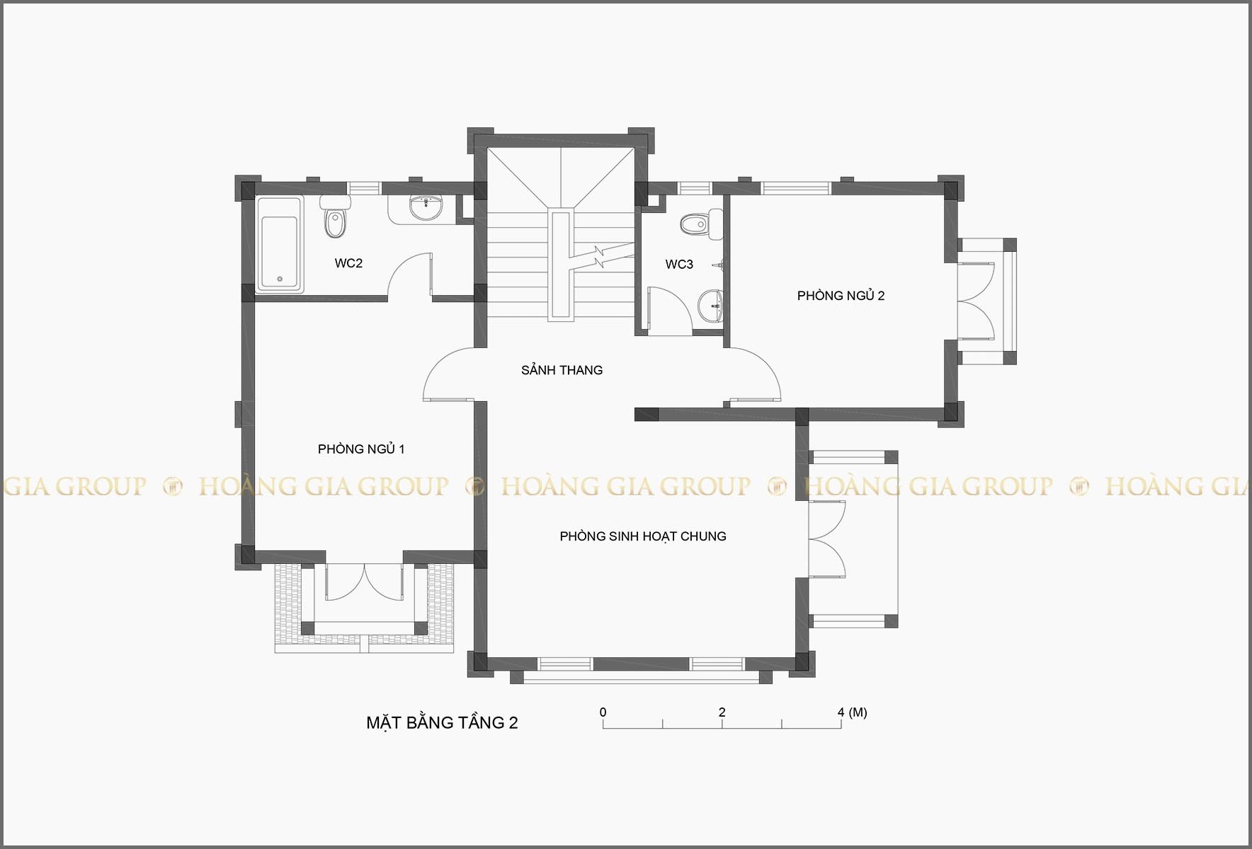 13bt02, Mặt bằng tầng 2 – phòng ngủ 1,2, sinh hoạt chung.