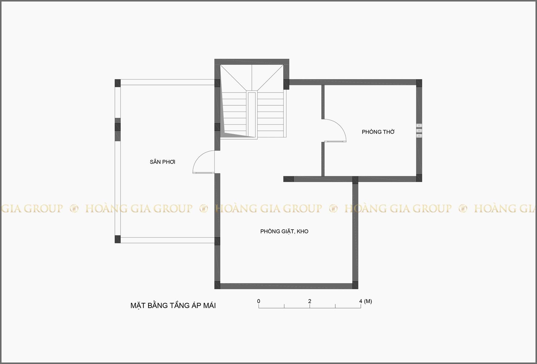 13bt02, Mặt bằng tầng áp mái – phòng thờ, giặt – phơi, kho.