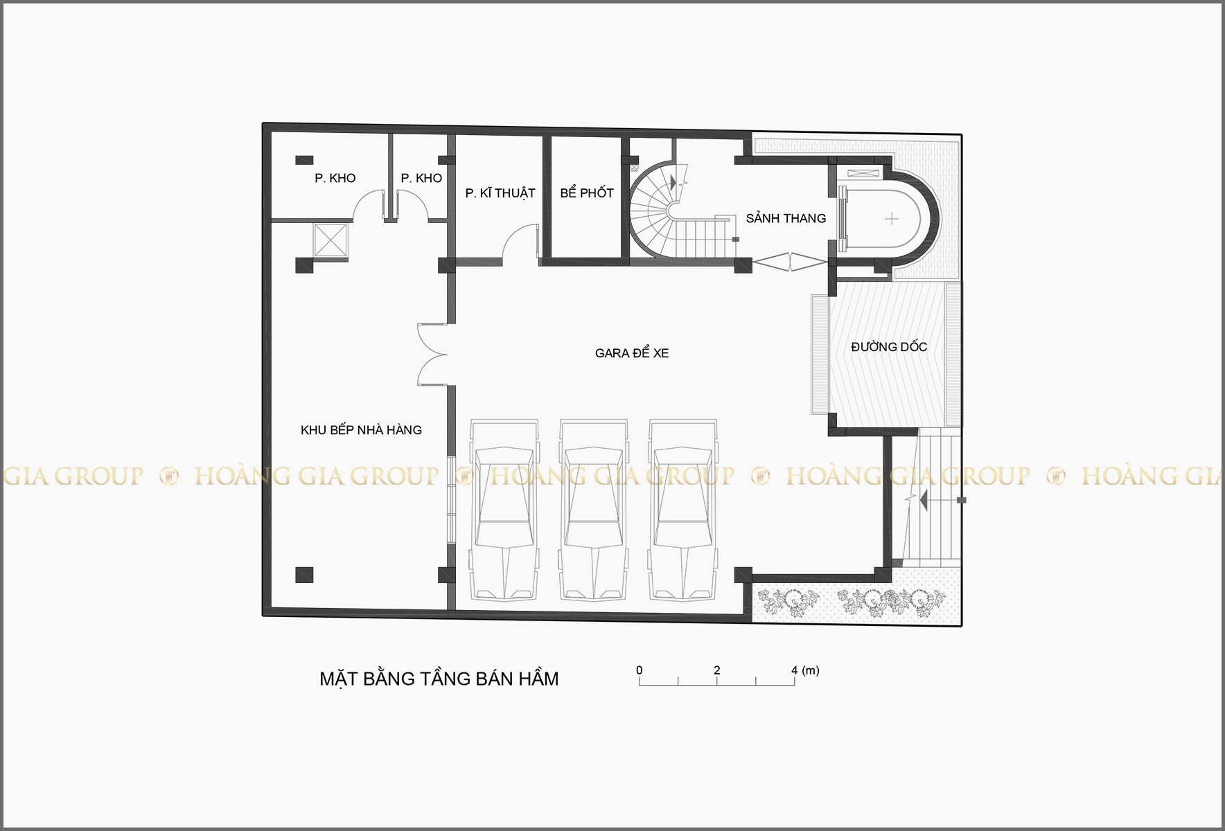 13nh01, Mặt bằng tầng bán hầm – gara để xe.