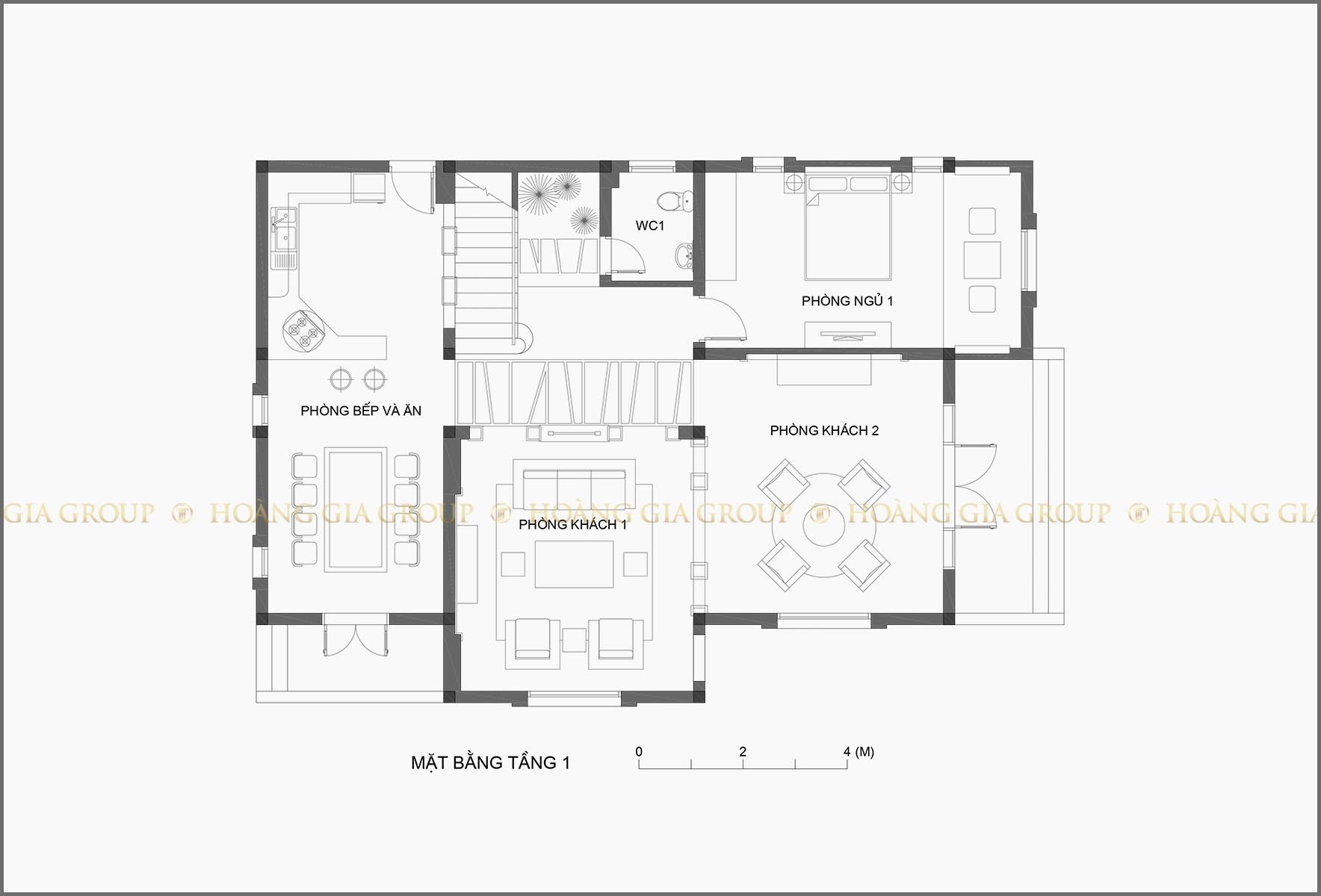 14bt04, Mặt bằng tầng 1 – phòng khách, bếp – ăn, ngủ 1.