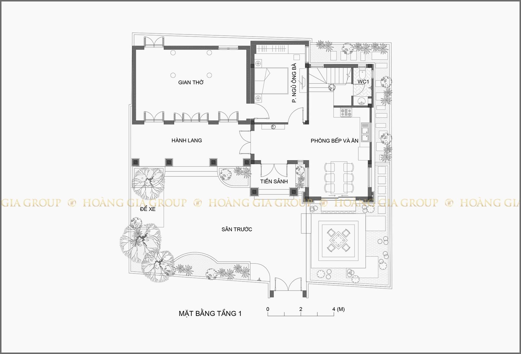 14bt07-1, Mặt bằng tầng 1 – nhà thờ, phòng bếp – ăn, ngủ ông bà.