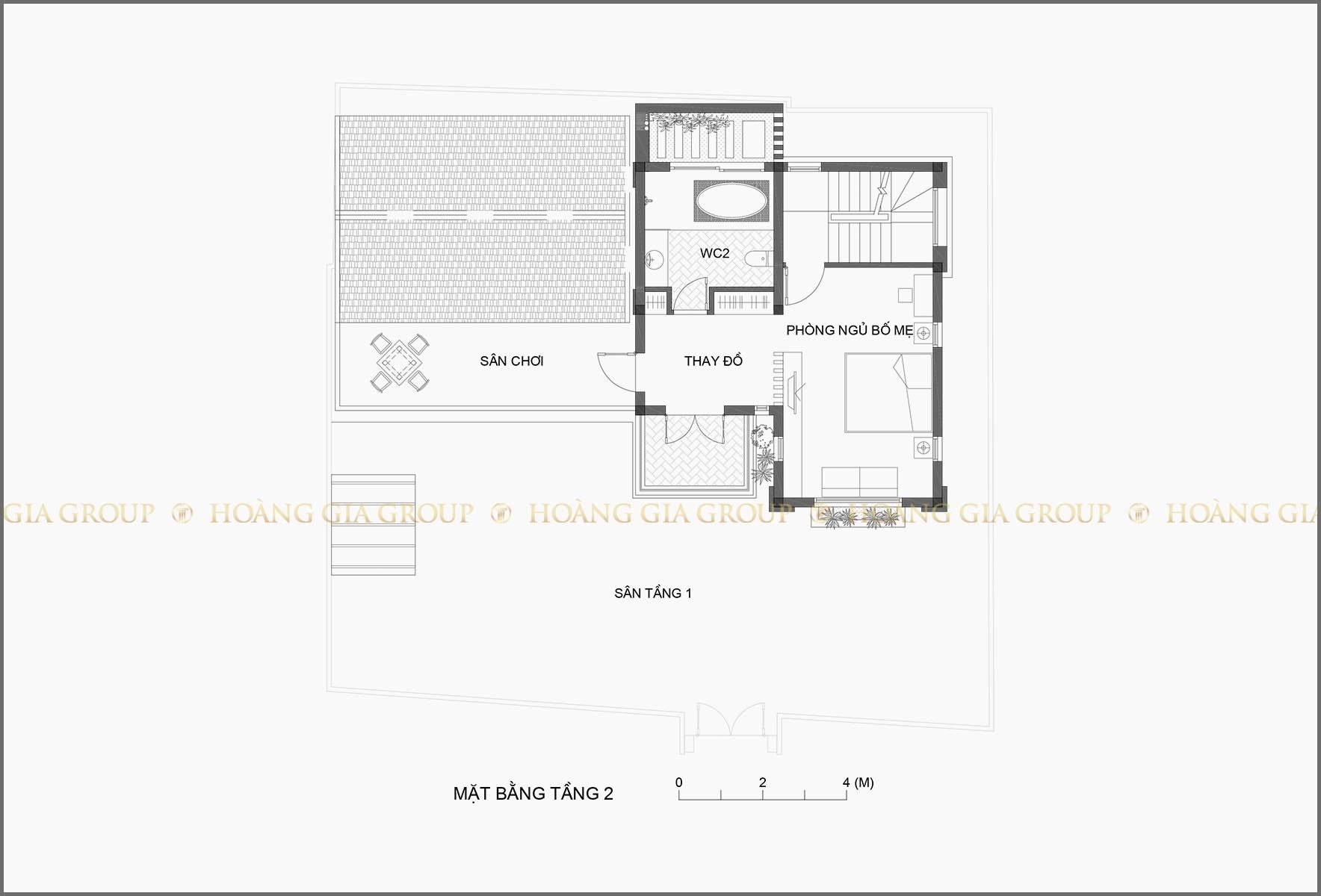 14bt07-1, Mặt bằng tầng 2 – phòng ngủ bố mẹ, sân chơi.