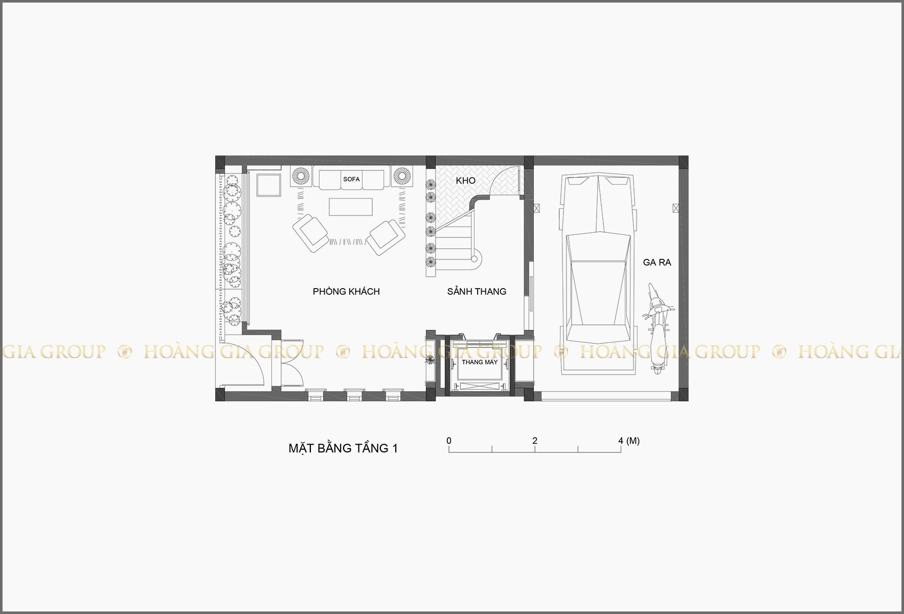 14np03, Mặt bằng tầng 1 – phòng khách, gara.