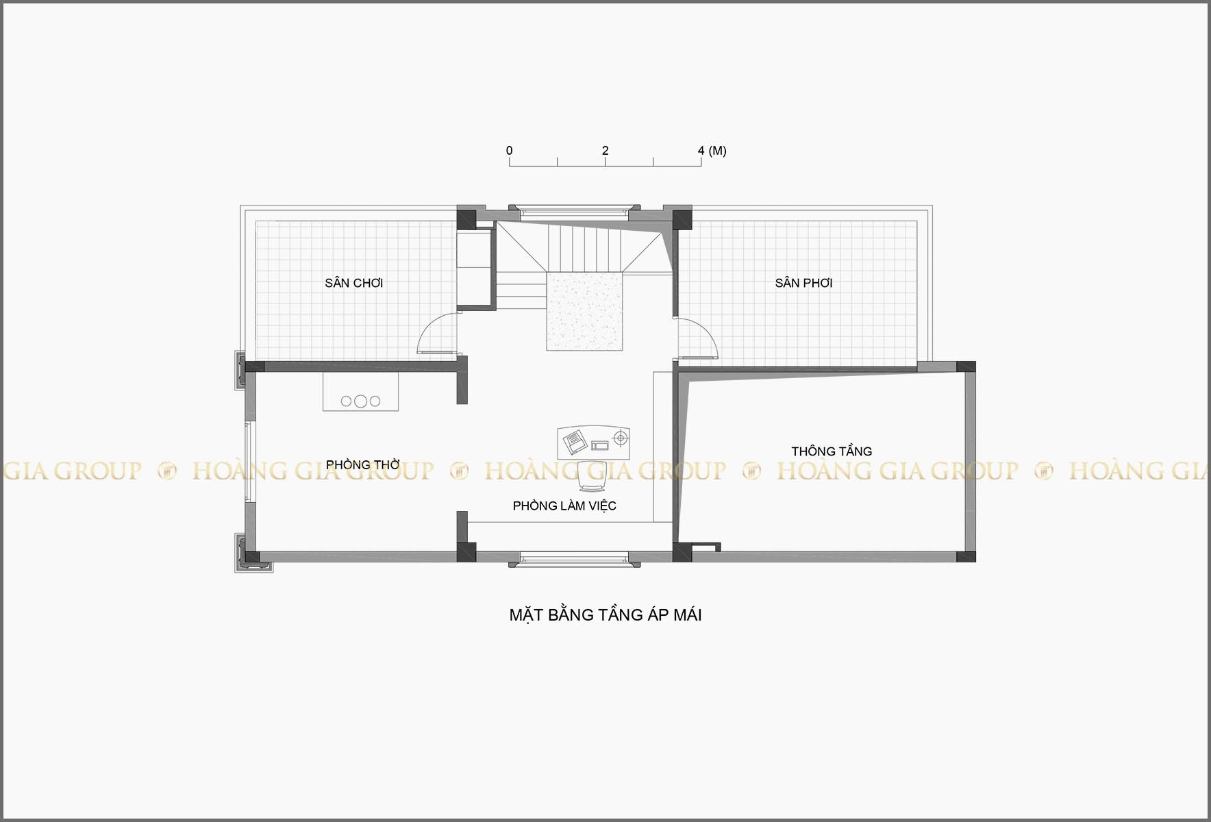 18bt09-1, Mặt bằng tầng áp mái – phòng thờ, làm việc, sân.