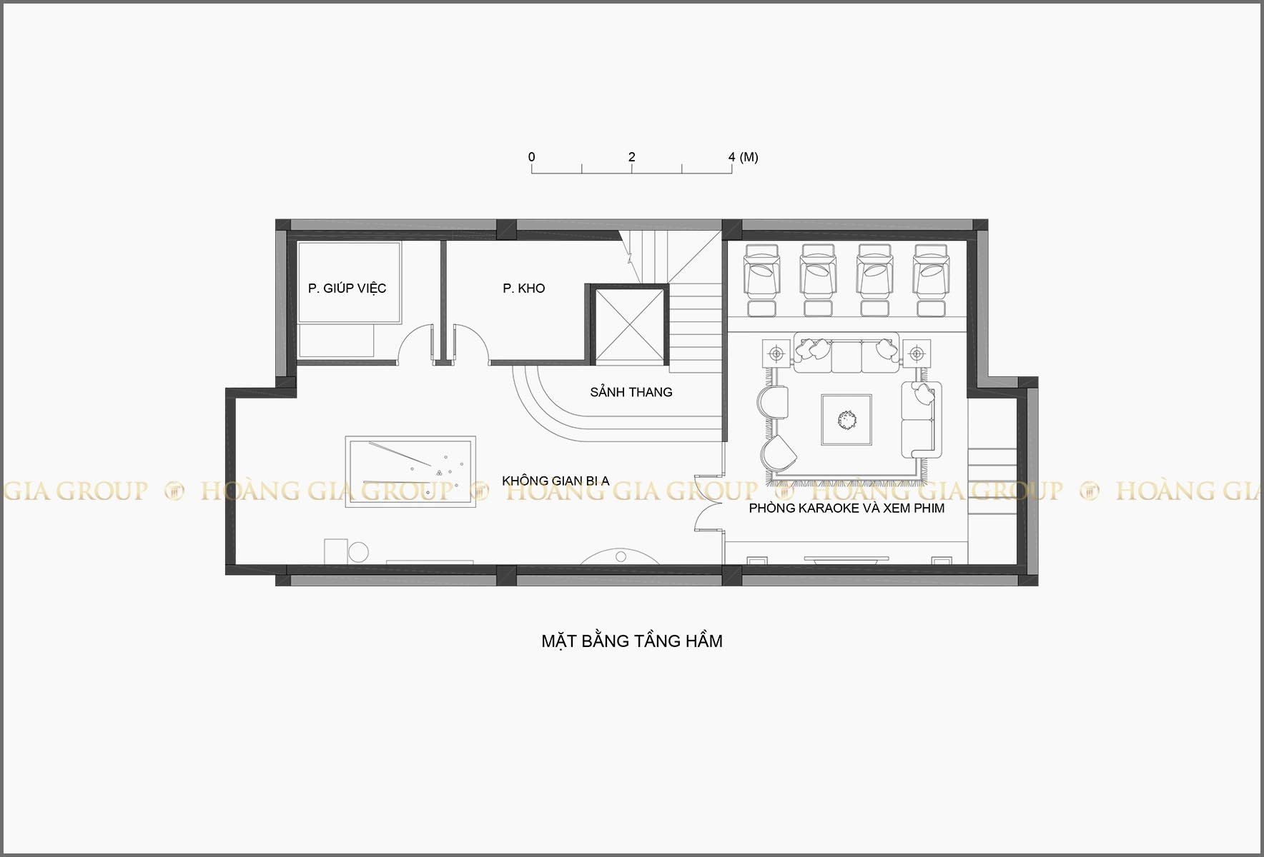 18bt09-1, Mặt bằng tầng hầm – không gian giải trí, kho, giúp việc.