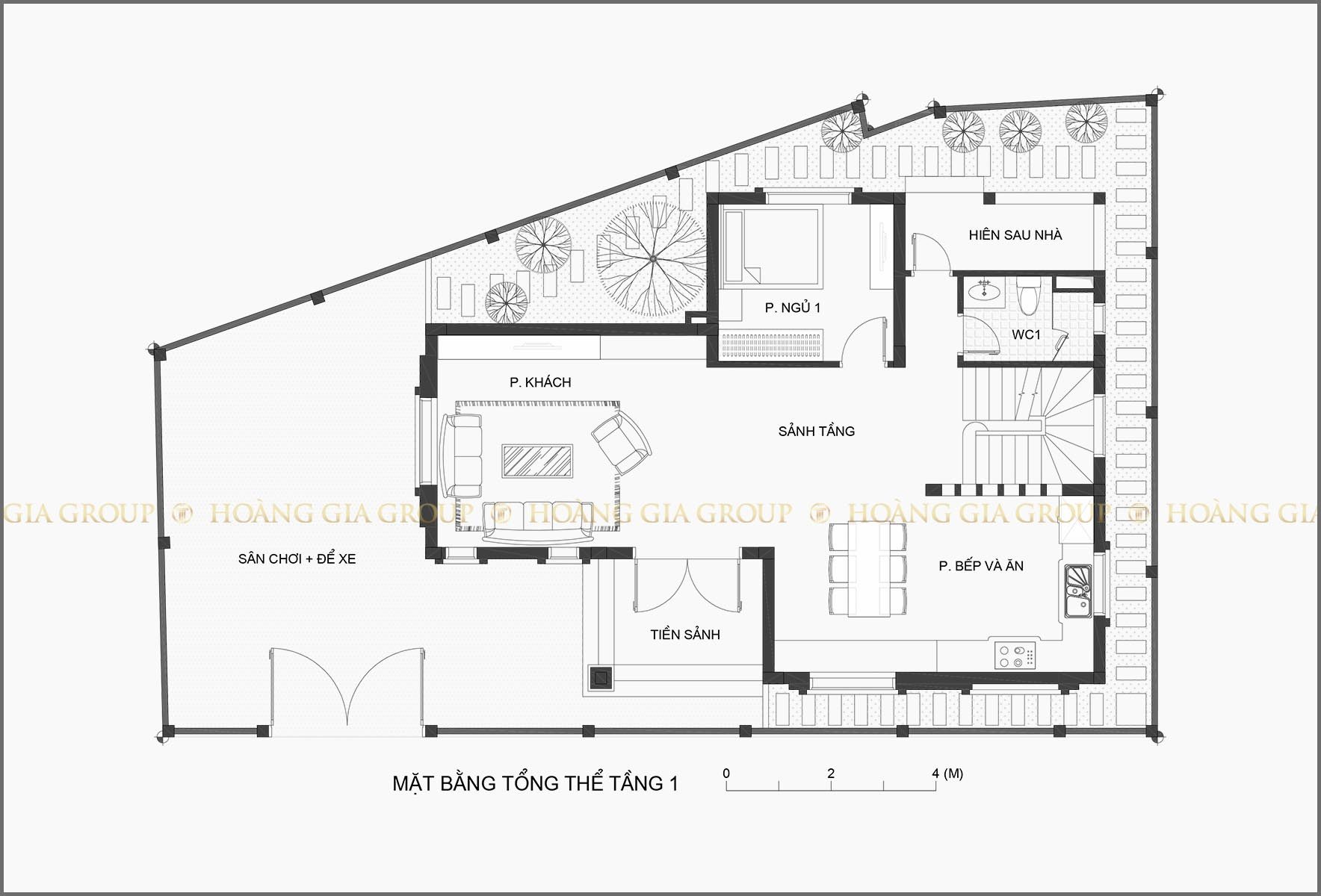 19bt04, Mặt bằng tổng thể tầng 1 – phòng khách, bếp – ăn, sân vườn.