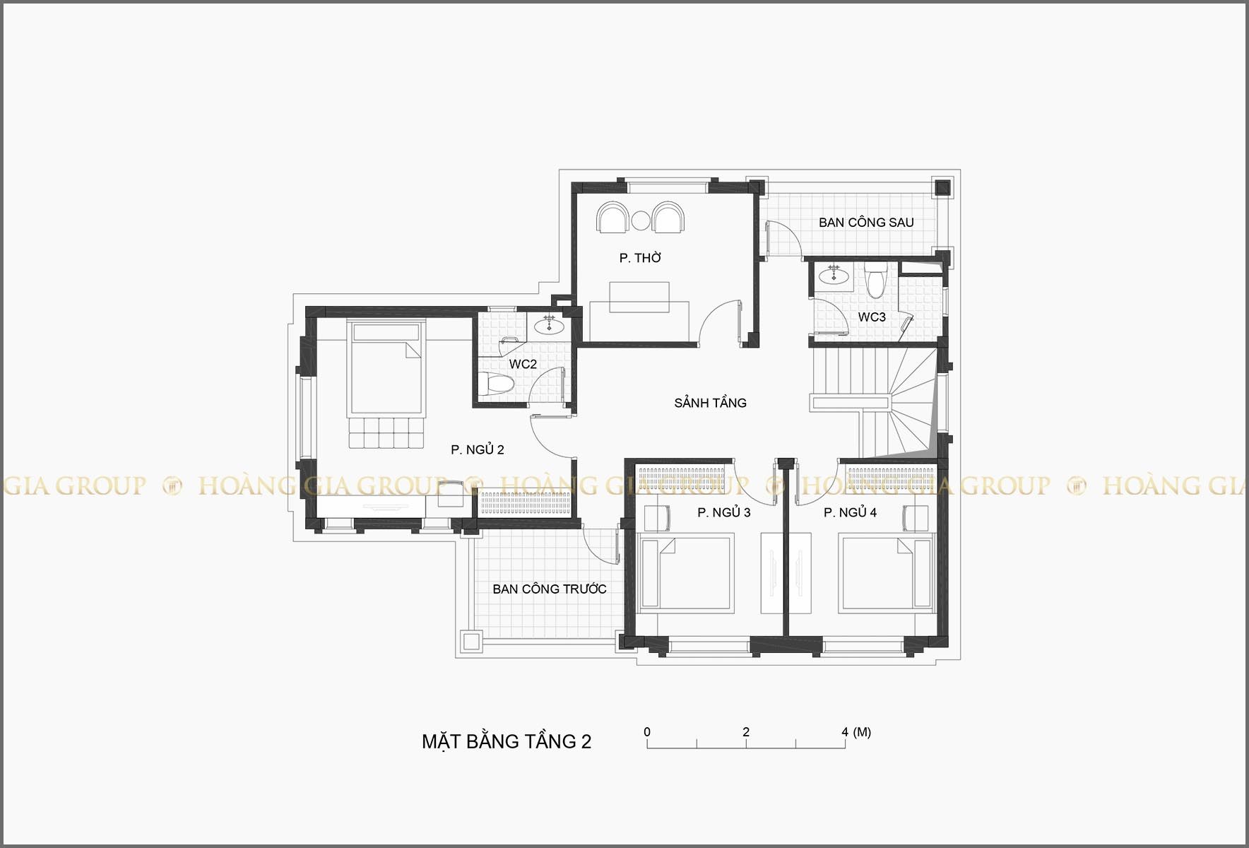 19bt04, Mặt bằng tầng 2 – phòng ngủ 2,3,4.