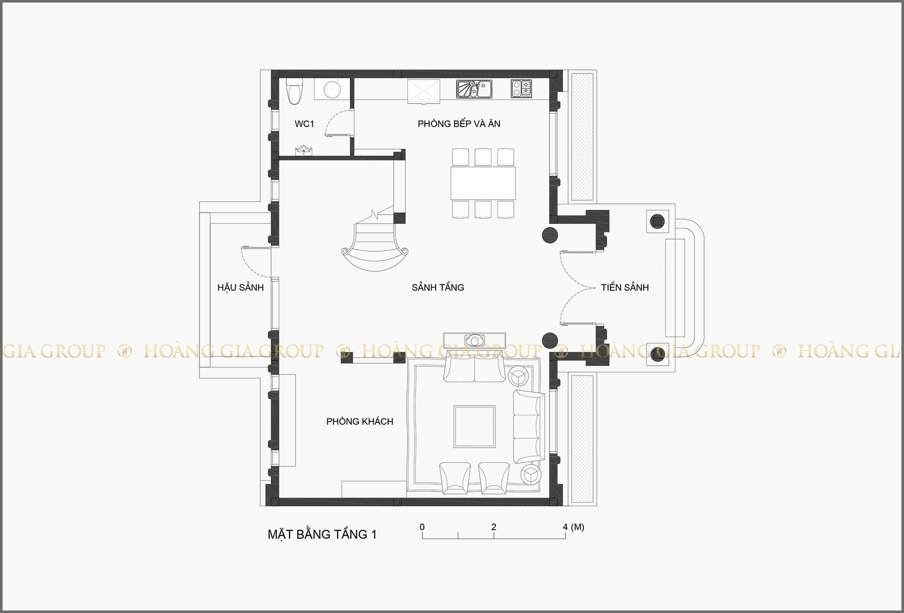 19bt05, Mặt bằng tầng 1 – phòng khách, bếp – ăn.