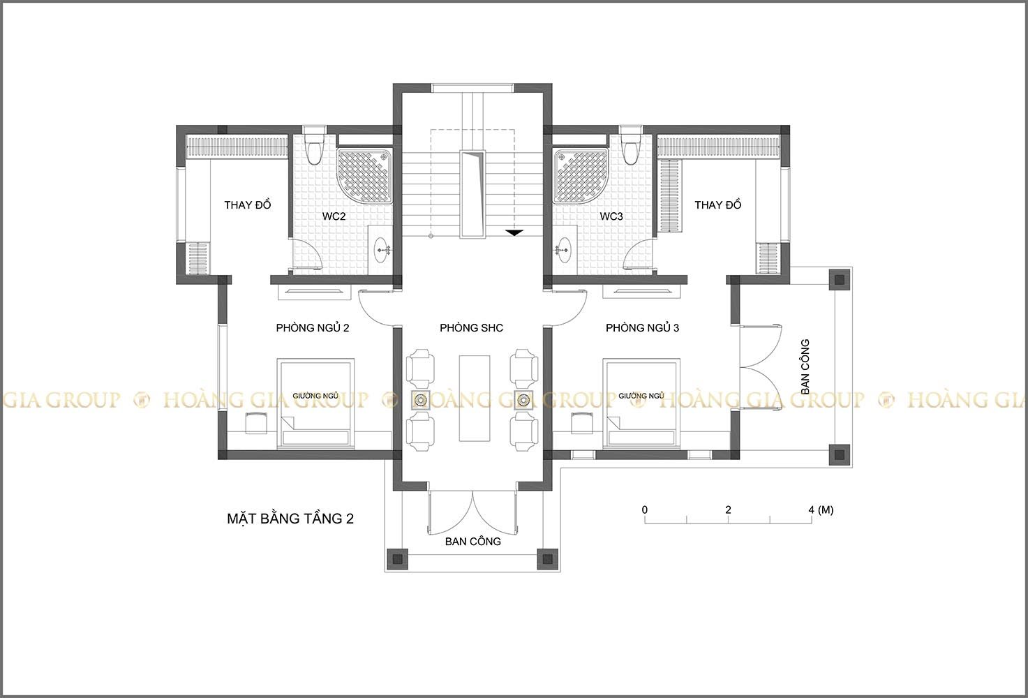 19bt07, Mặt bằng tầng 2 – phòng ngủ 2,3, sinh hoạt chung.