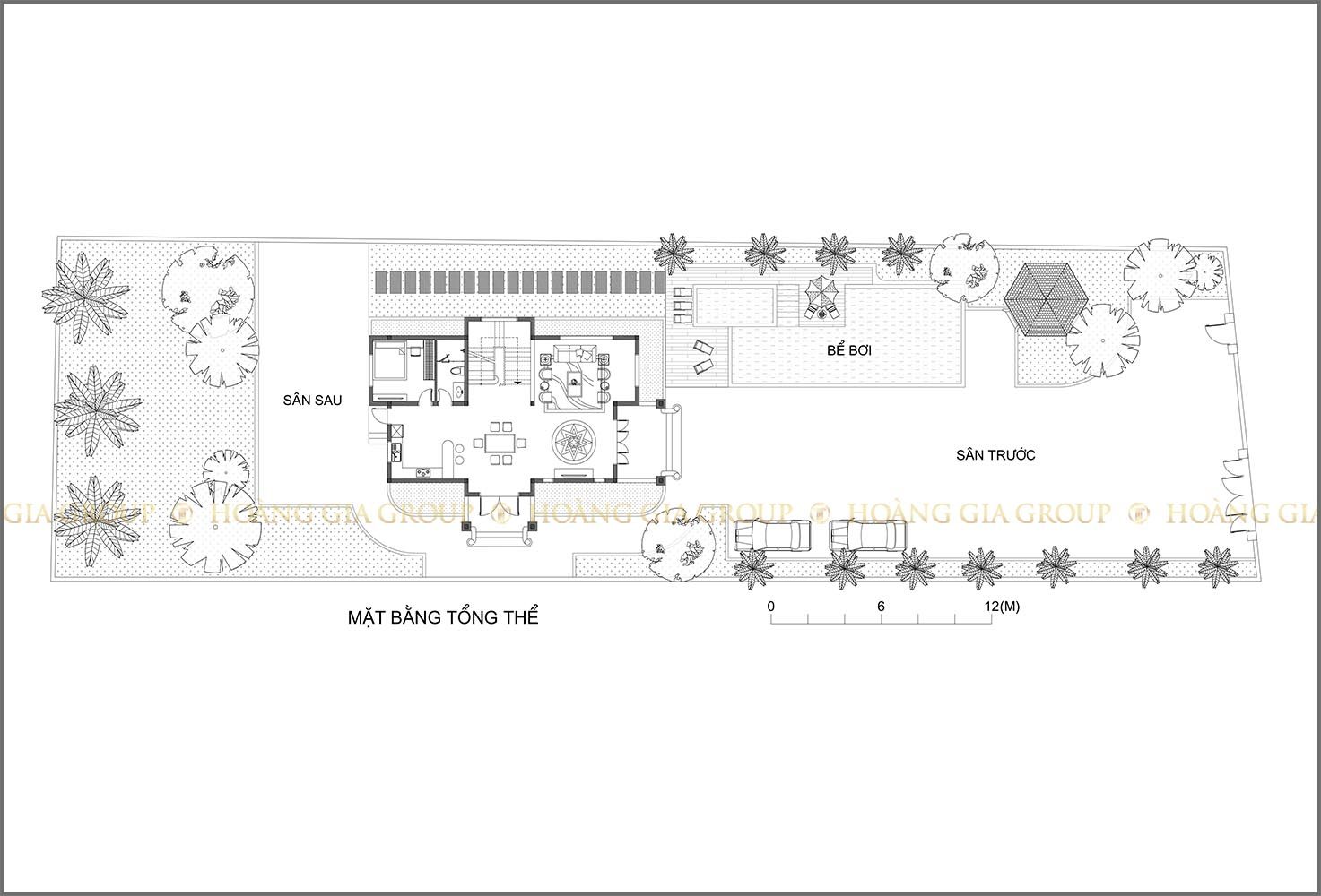19bt07, Mặt bằng tổng thể – biệt thự, sân vườn, bể bơi.
