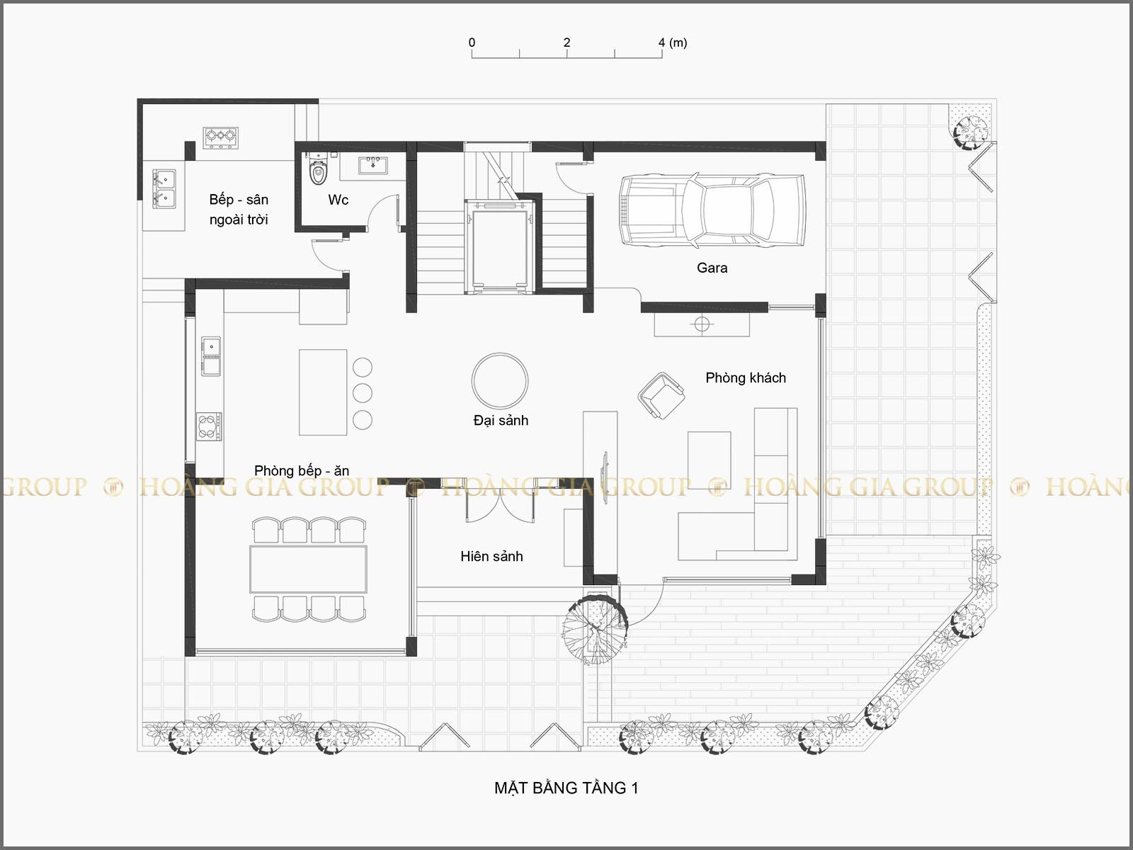 19bt08, Mặt bằng tầng 1 – phòng khách, bếp – ăn, gara.