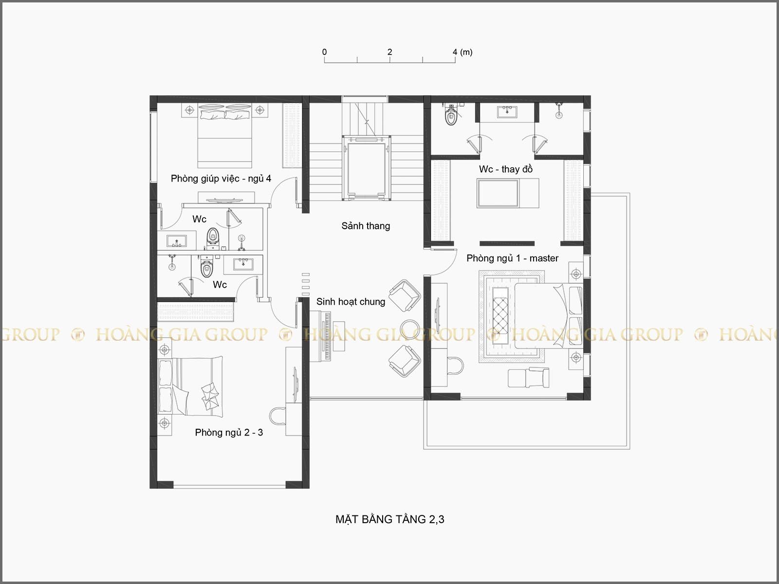 19bt08, Mặt bằng tầng 2,3 – phòng ngủ 1-4, master, giúp việc.