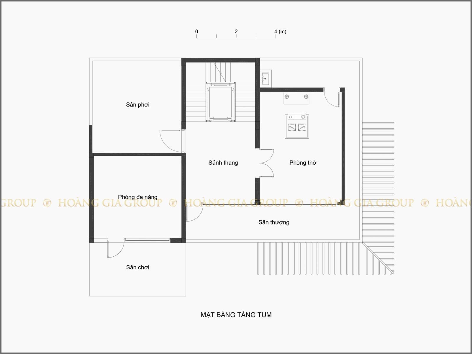 19bt08, Mặt bằng tầng tum – phòng thờ, đa năng, sân phơi.