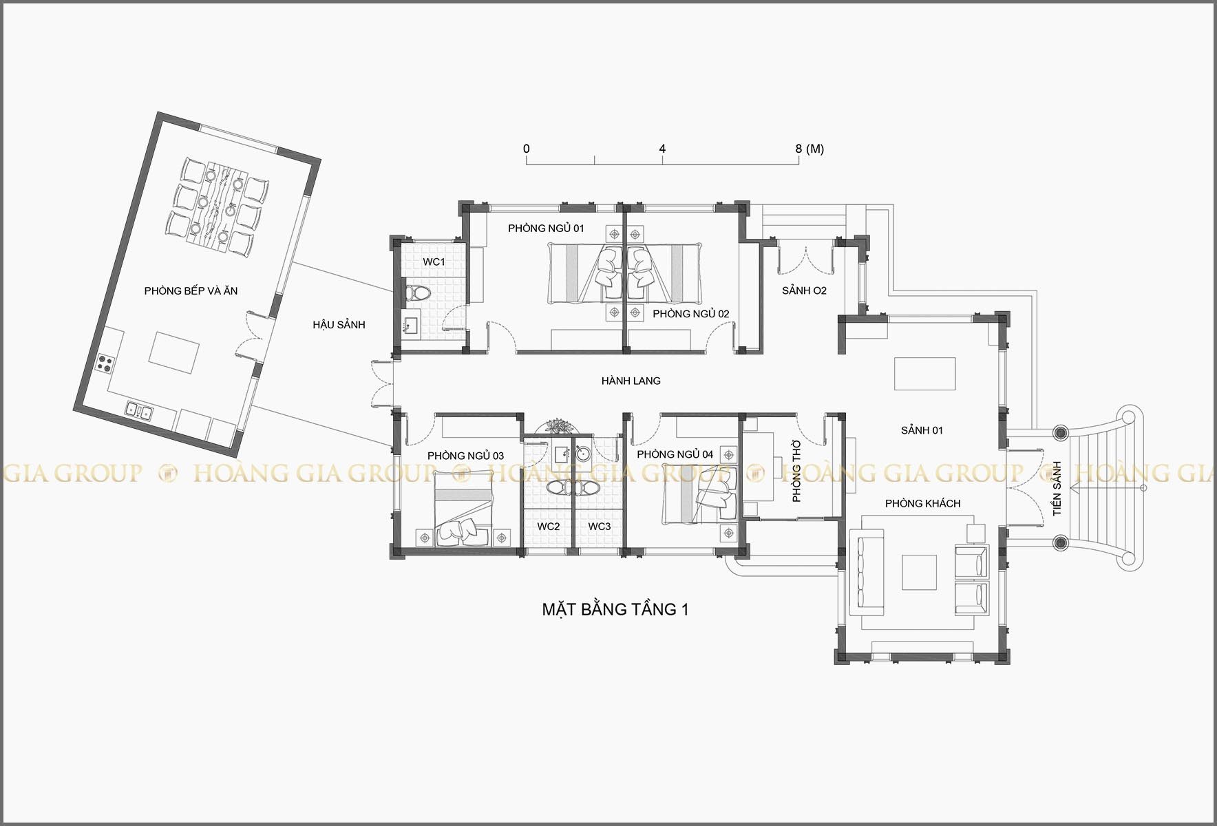 19bt21-1, Mặt bằng biệt thự 1 tầng – 4 phòng ngủ, phòng thờ, khách, bếp – ăn.