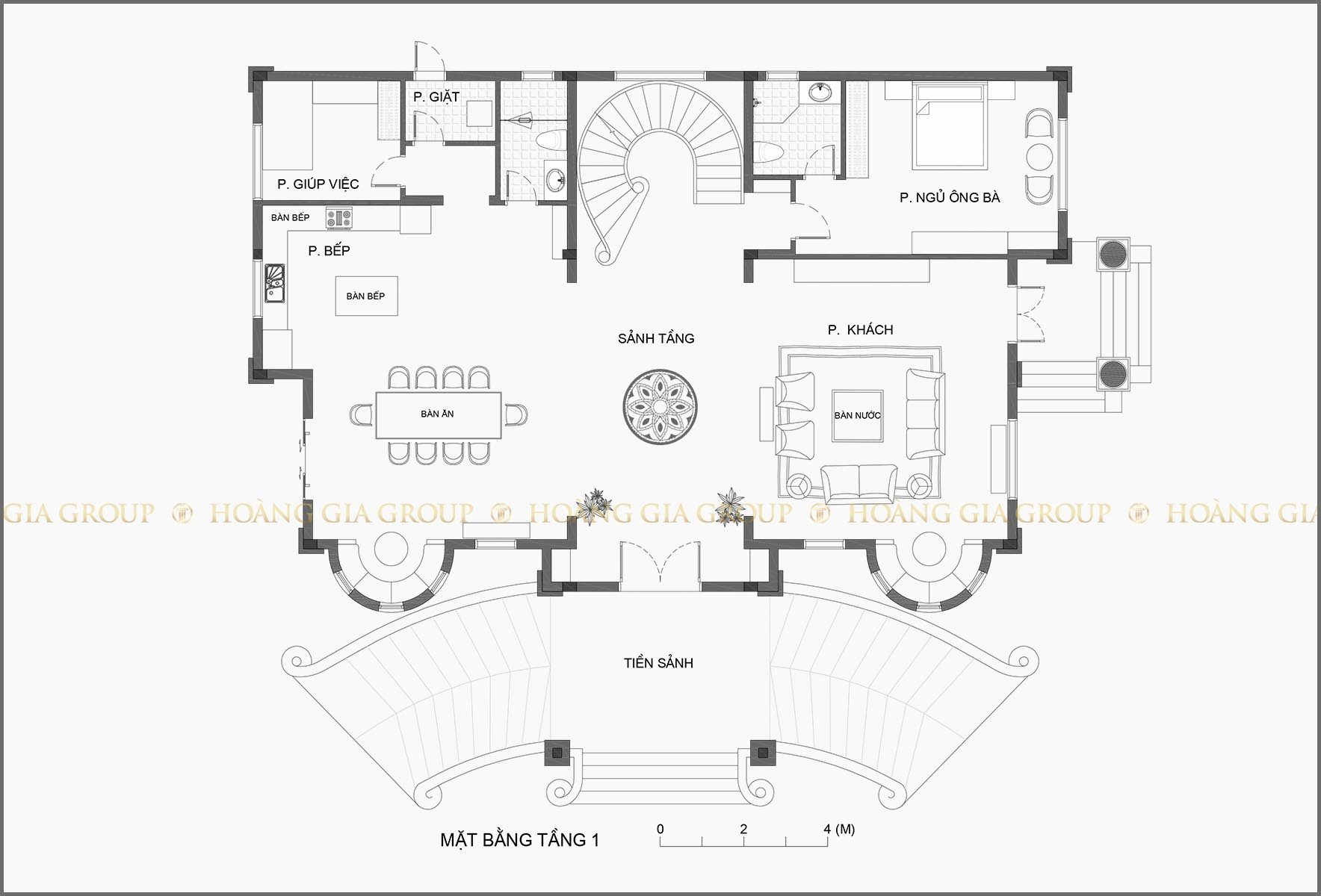 20bt08-1, Mặt bằng tầng 1 – phòng khách, bếp – ăn, ngủ ông bà, giúp việc.