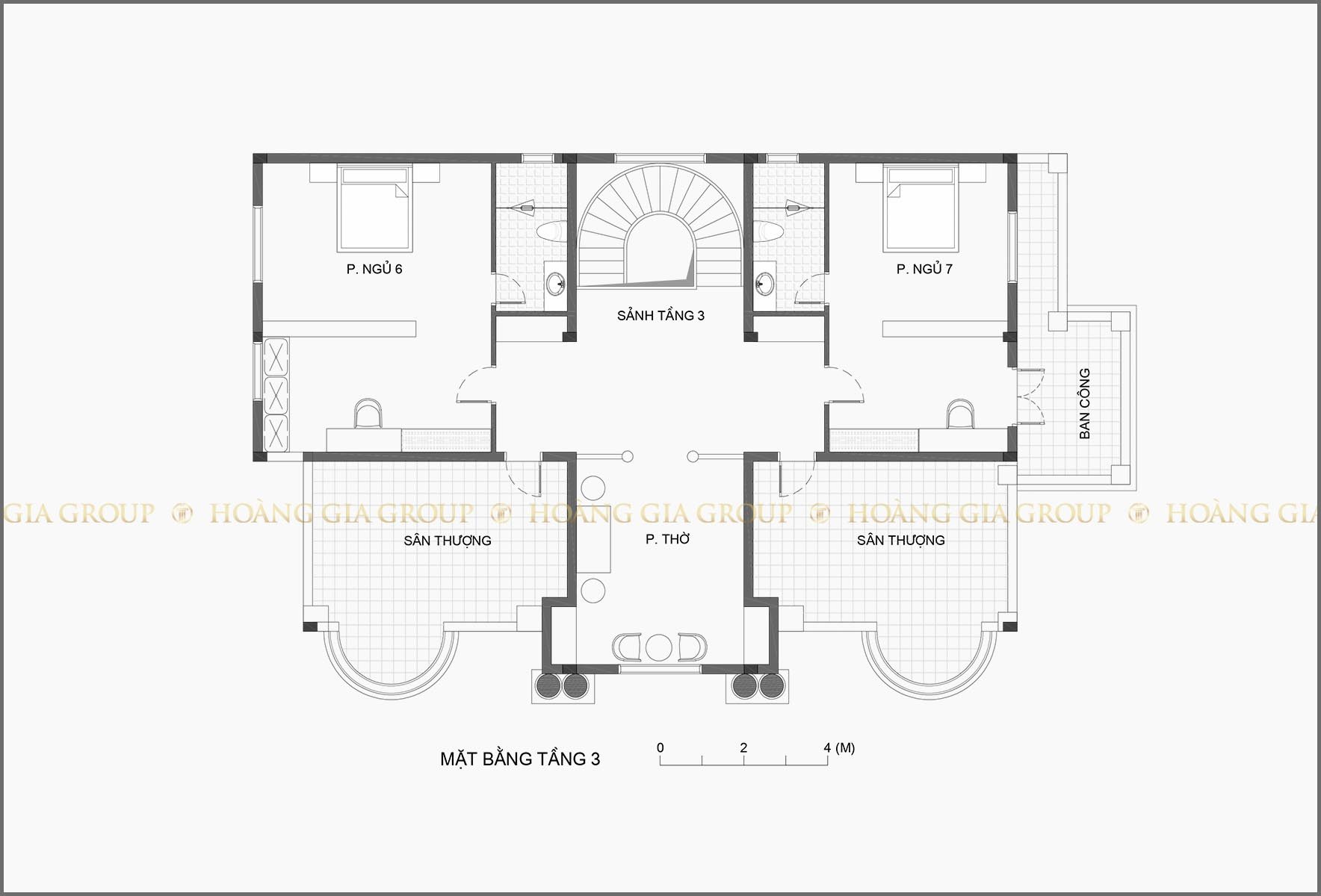 20bt08-1, Mặt bằng tầng 3 – phòng thờ, ngủ 6, 7, sân thượng.