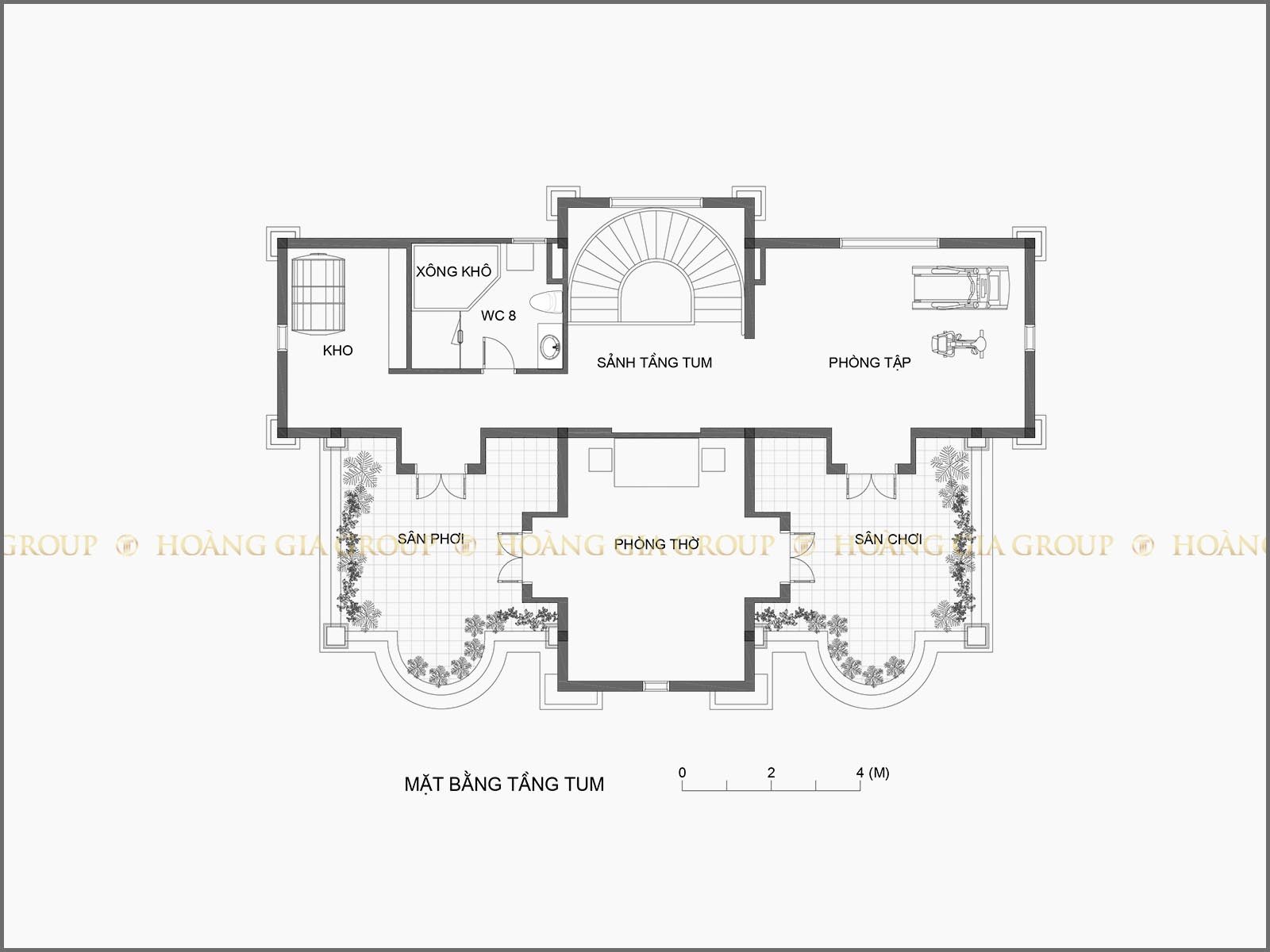 20bt11, Mặt bằng tầng tum – phòng thờ, kho, phòng tập, sân chơi, giặt phơi.