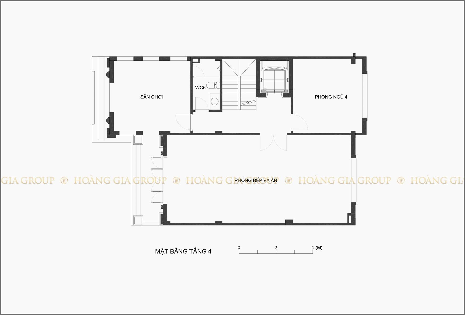 20np01, Mặt bằng tầng 4 – phòng bếp – ăn, ngủ 4, sân chơi.