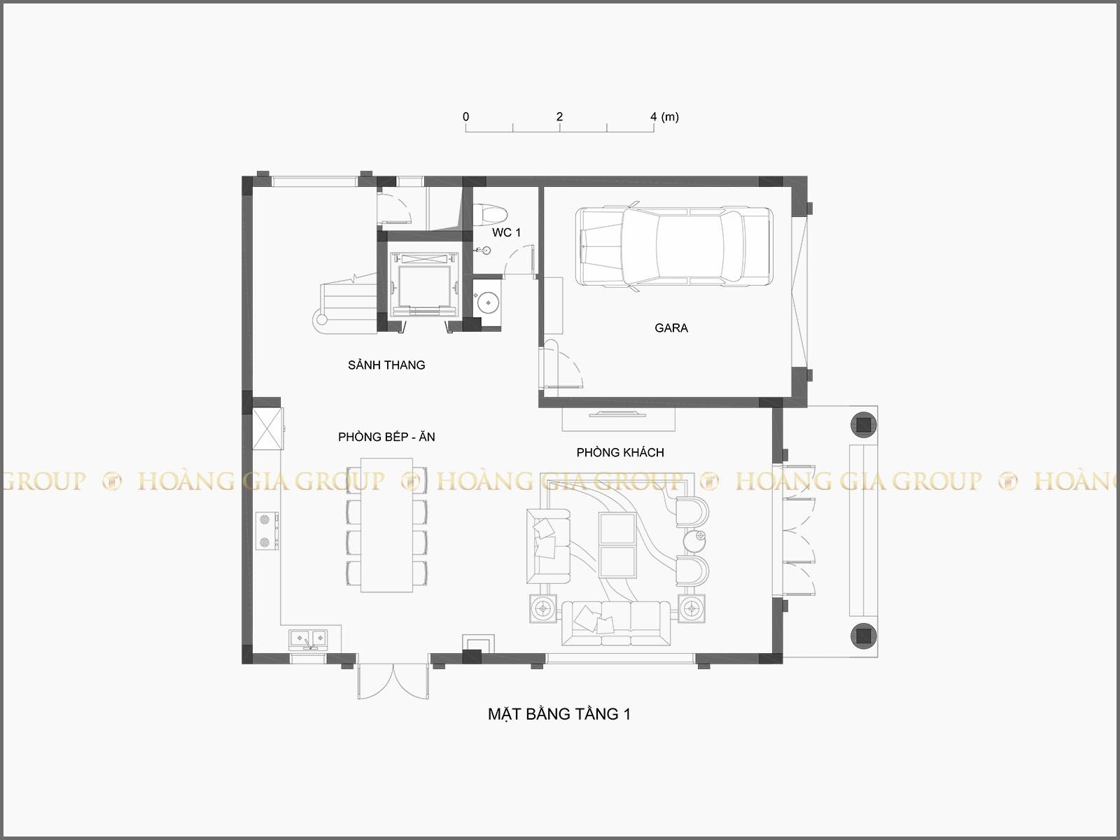 21bt01, Mặt bằng tầng 1 – Gara, phòng khách, bếp – ăn.