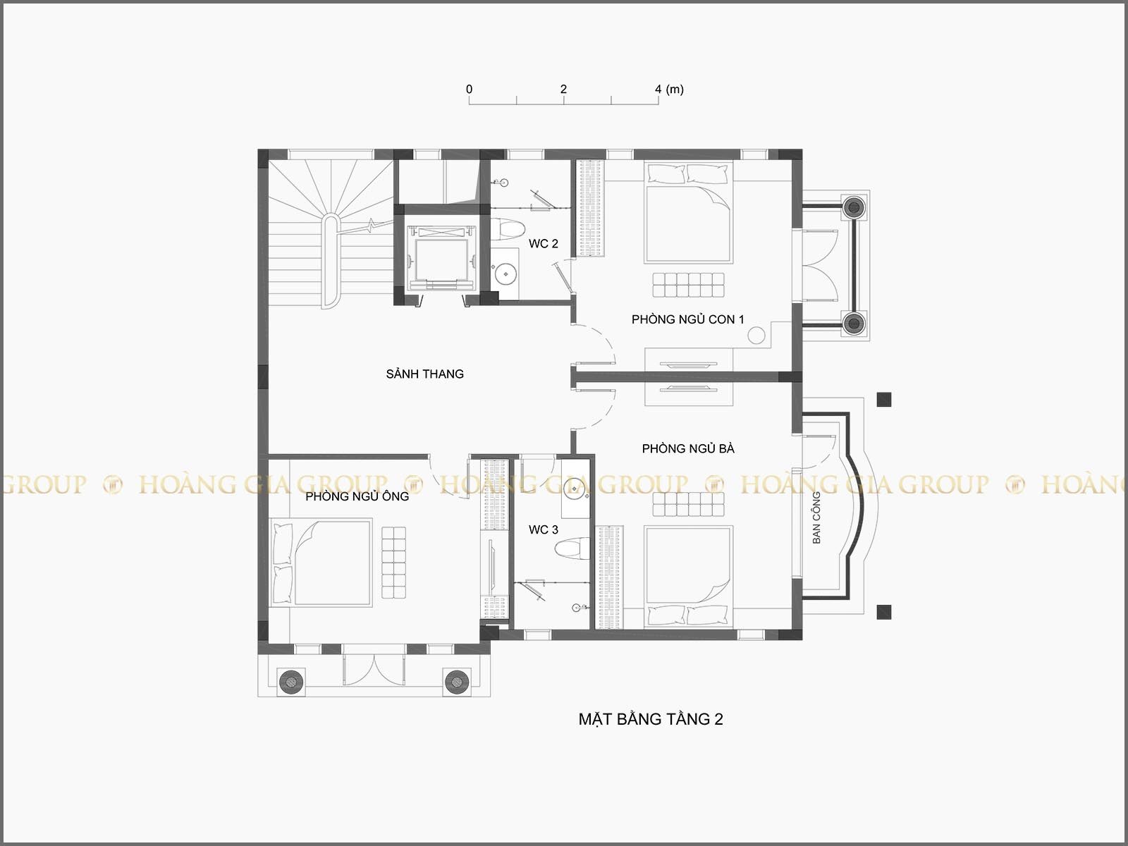 21bt01, Mặt bằng tầng 2 – phòng ngủ ông, bà, ngủ con 1.