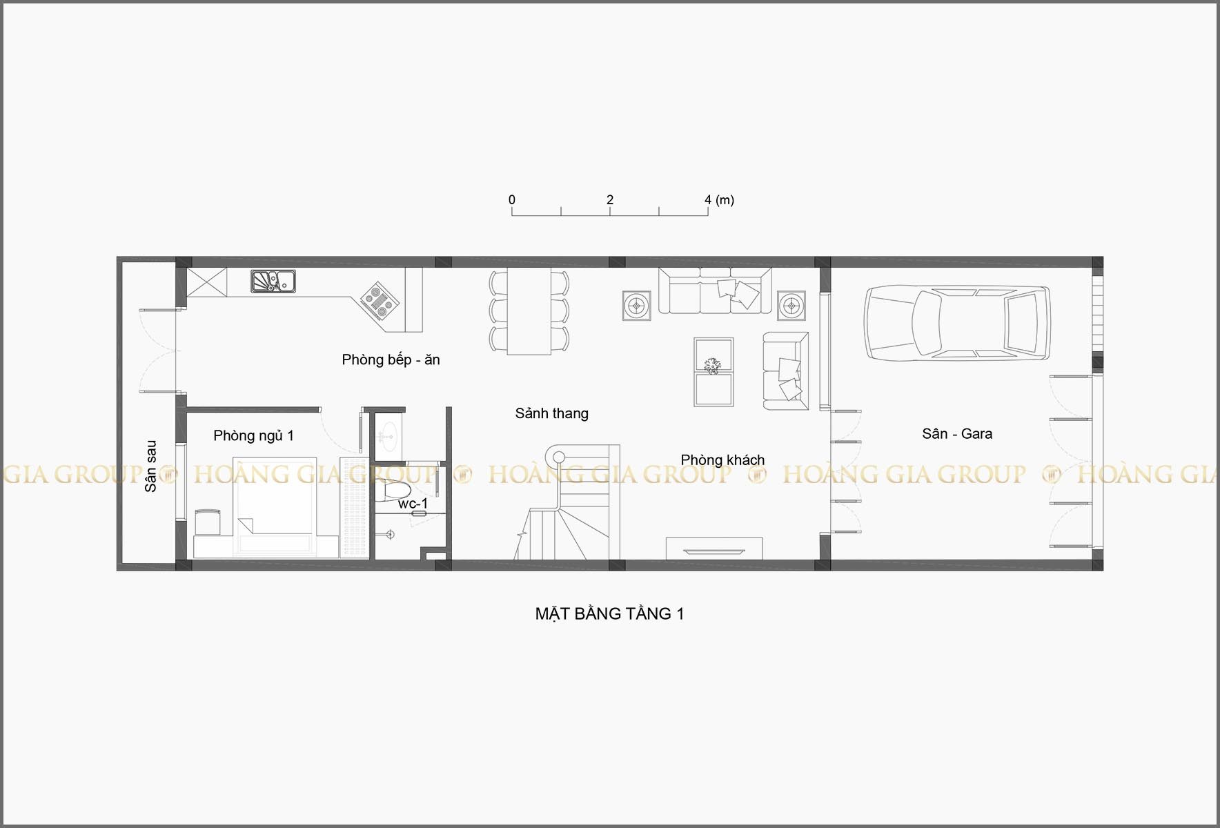 21np03-1, Mặt bằng tầng 1 – gara, phòng khách, bếp – ăn, ngủ 1.