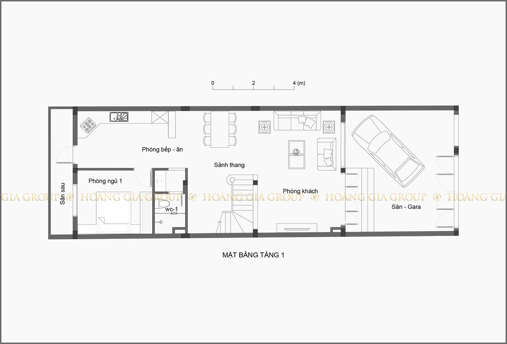 21np03-2, Mặt bằng tầng 1 – gara, phòng khách, bếp – ăn, ngủ 1.