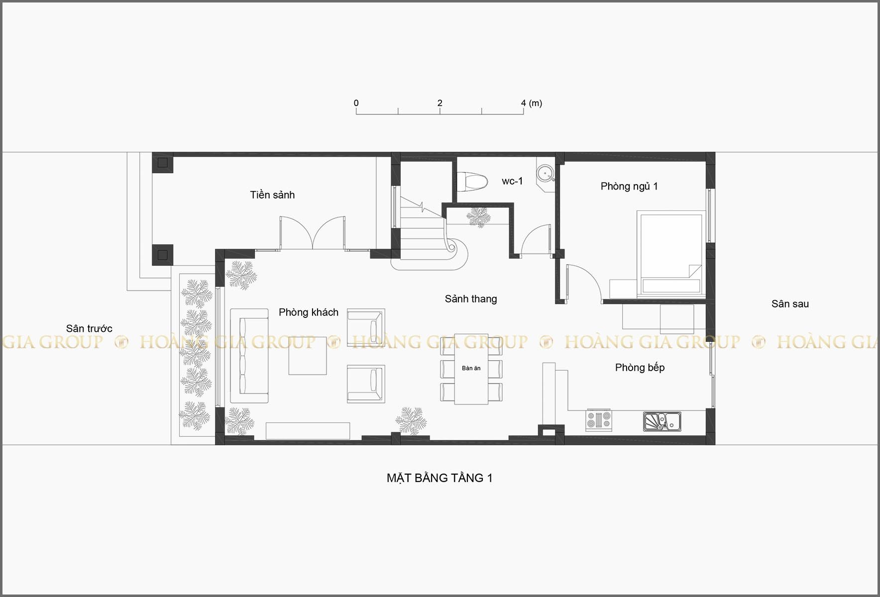 22np01, Mặt bằng tầng 1 – phòng khách, bếp – ăn, ngủ 1.