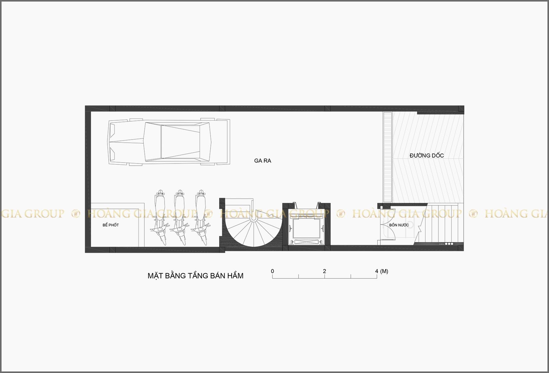 15np09-1, Mặt bằng tầng bán hầm – gara để xe.