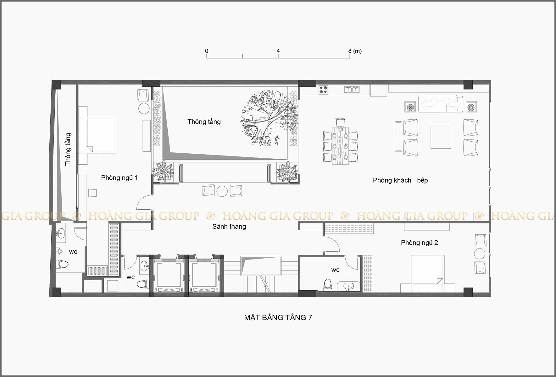 22vp02, Mặt bằng tầng 7 – nhà ở gia đình: khách – bếp, 2 ngủ.